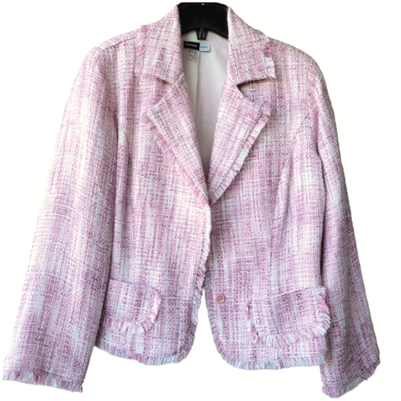 Cartise vintage pink & white fringed jacket blazer single button closure 8 - Picture 11 of 16